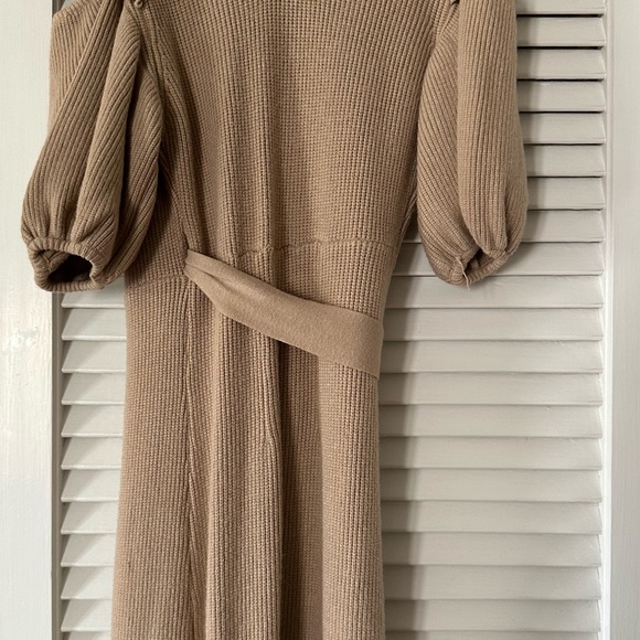 Never Fully Dressed ruffle cold shoulder wrap tie knitted midi dress in camel - Picture 4 of 8